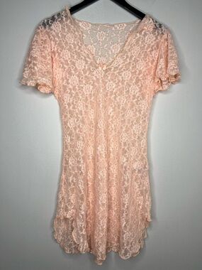 Vintage Y2K Lace Couture Lingerie Slip Dress Sheer Pink Floral Coquette Sz XS-S